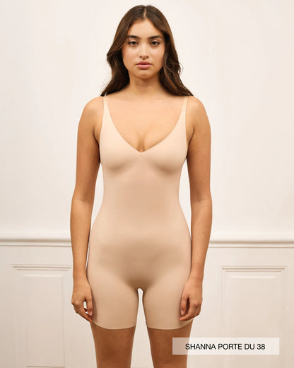 Deep Neckline Jumpsuit - Light Beige