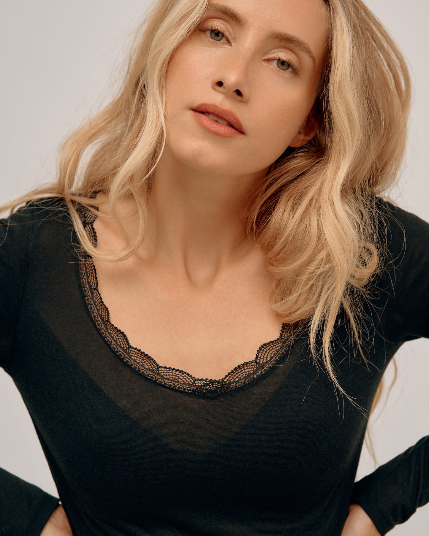 Modal & Cashmere Lace Neckline Top