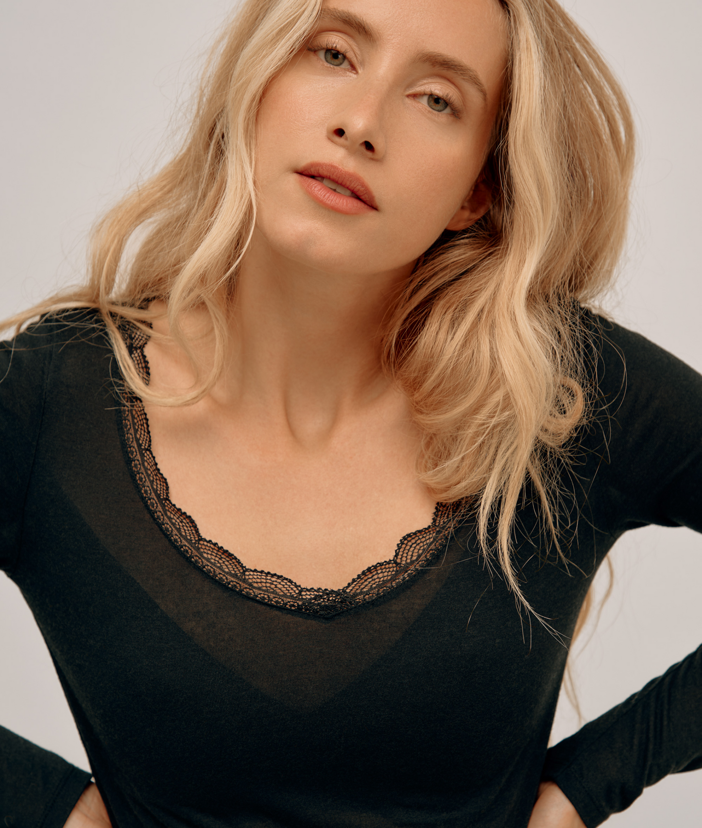 Modal &amp; Cashmere Lace Neckline Top
