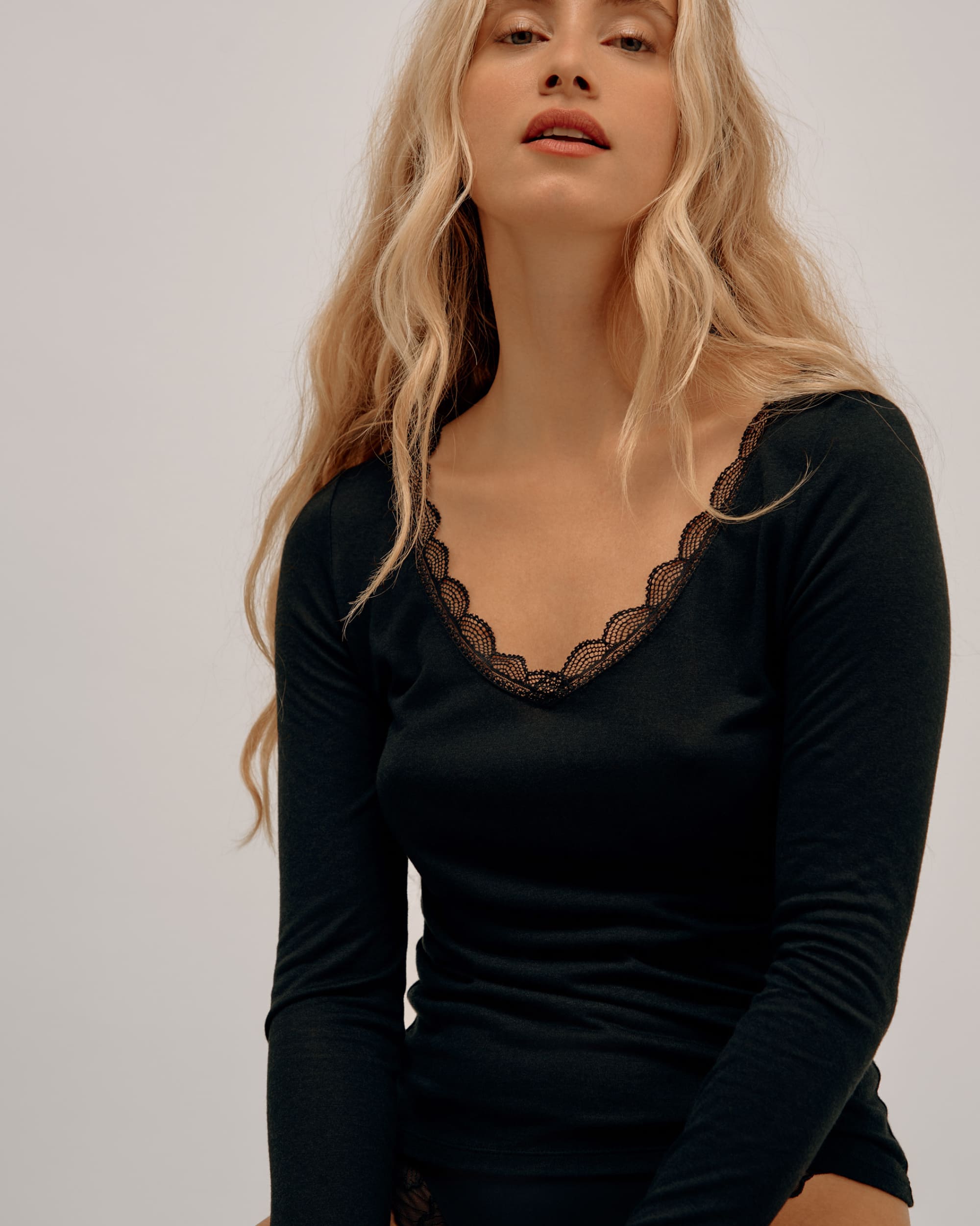 Lace Deep Neck Cashmere & Modal Top - Dark