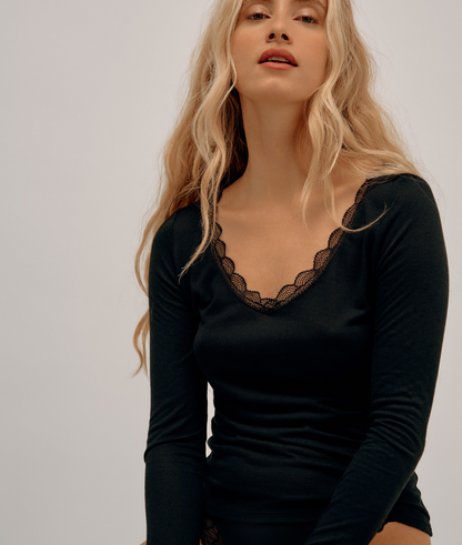 Modal &amp; Cashmere Lace Neckline Top