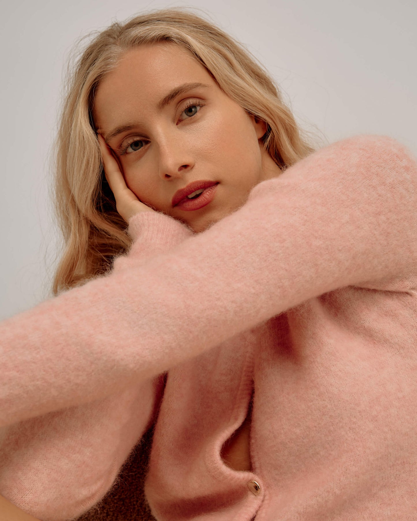 Cardigan Col Rond avec Alpaga - Pink