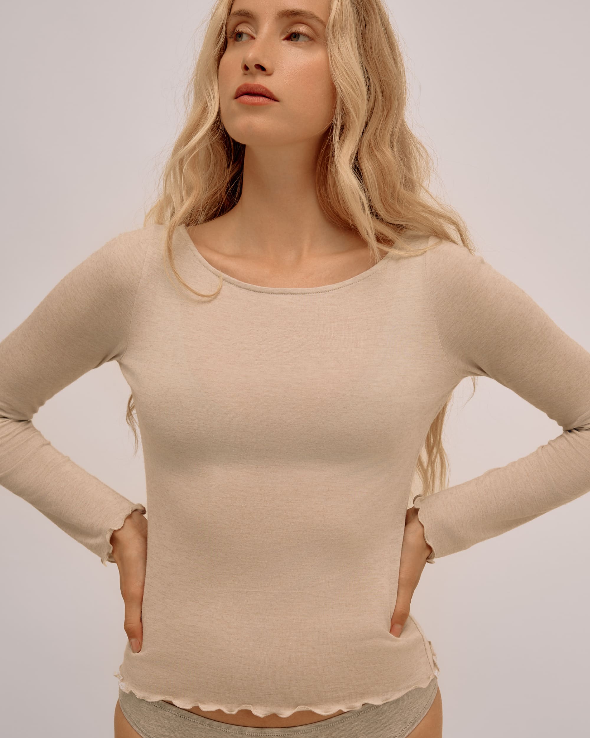 Flared Neck Cashmere & Modal Top - Beige