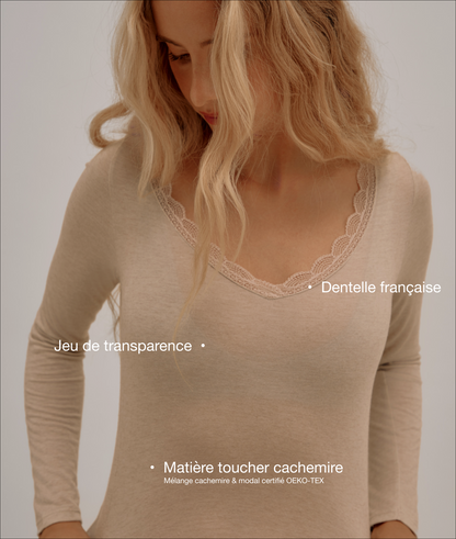 Modal &amp; Cashmere Lace Neckline Top