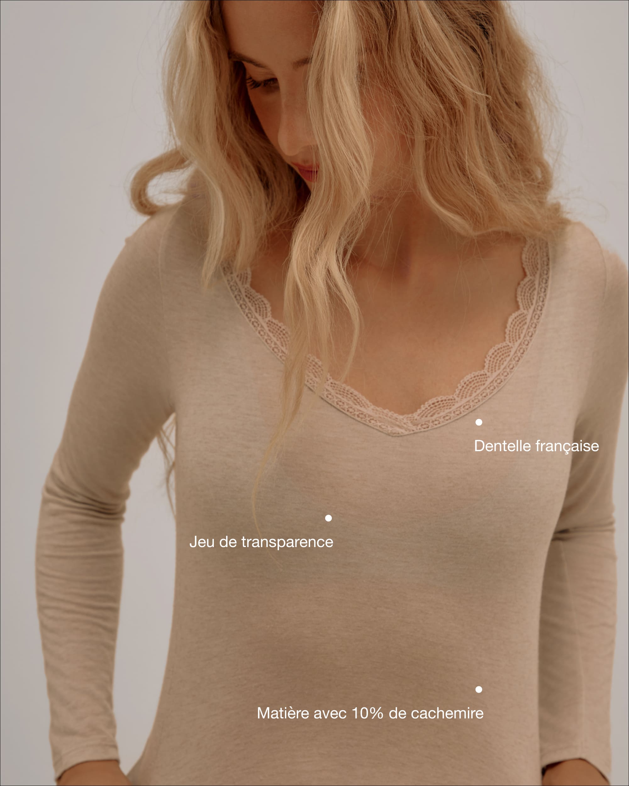 Top Décolleté Dentelle Cachemire & Modal - Beige