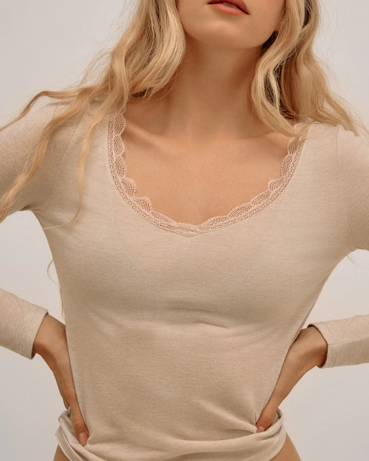 Cashmere & Modal Lace Plunging-Neckline Top - Beige