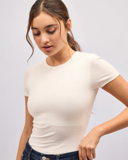 Round Neck Cotton T-Shirt No Bra - Off White