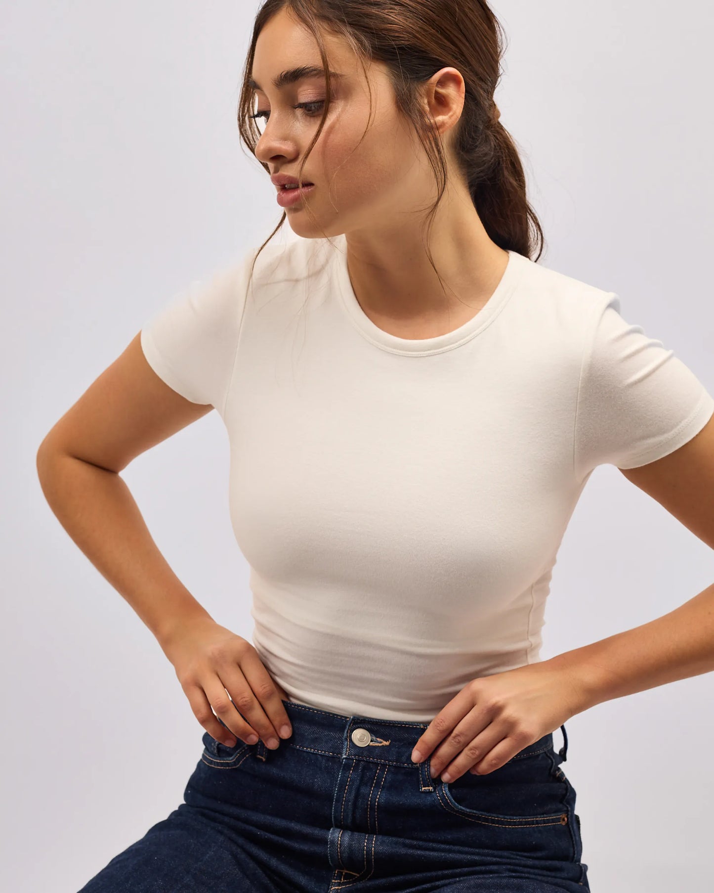 Round Neck Cotton T-Shirt No Bra - Off White