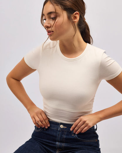 Round Neck Cotton T-Shirt No Bra - Off White