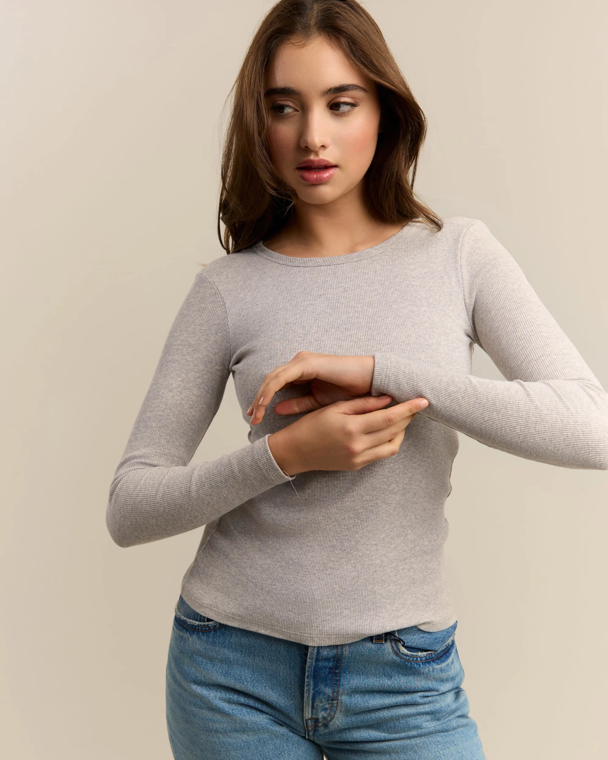 Ribbed Long Sleeve Cotton Top - Light Grey