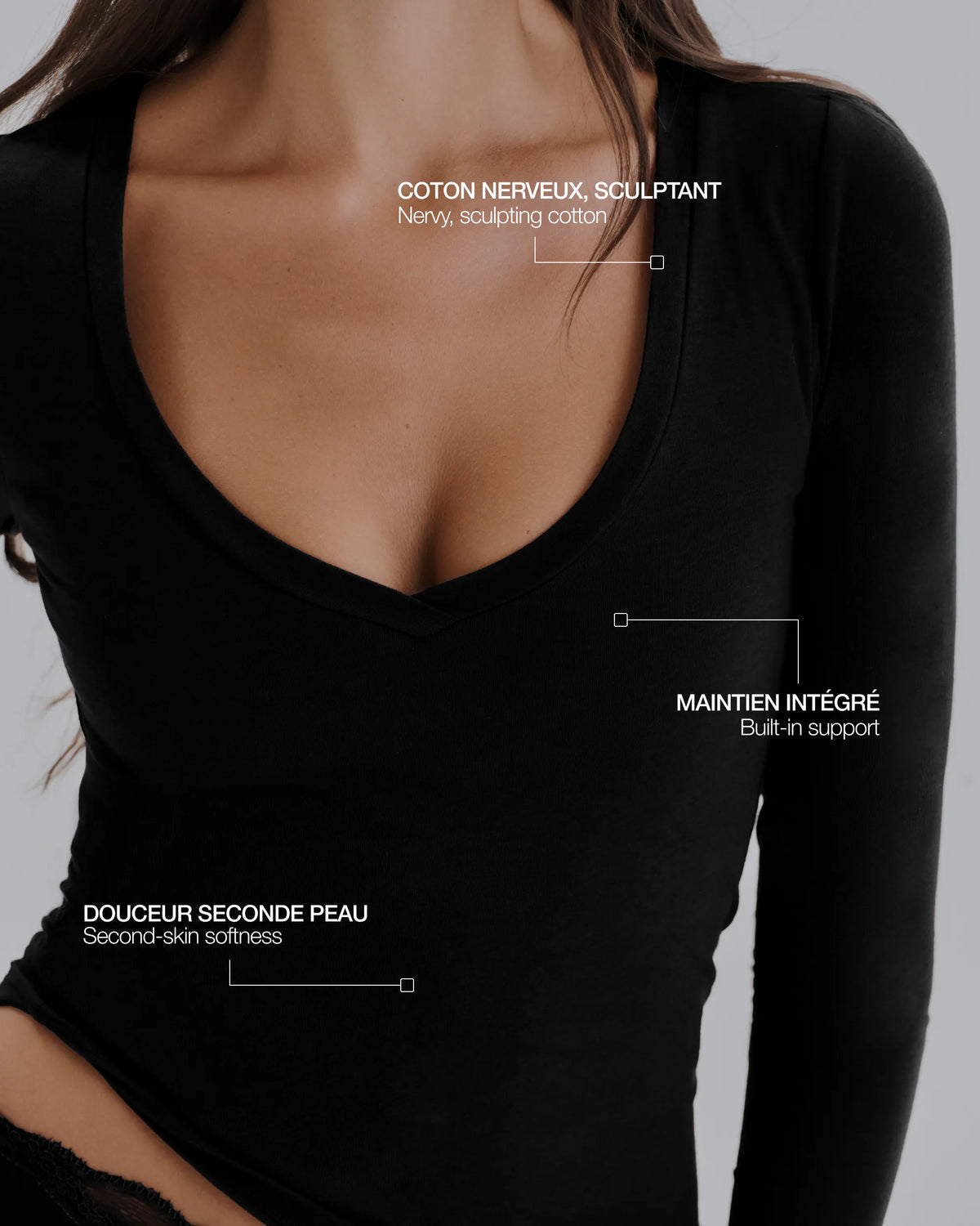 V-Neck Long Sleeve Cotton Top No Bra - Dark