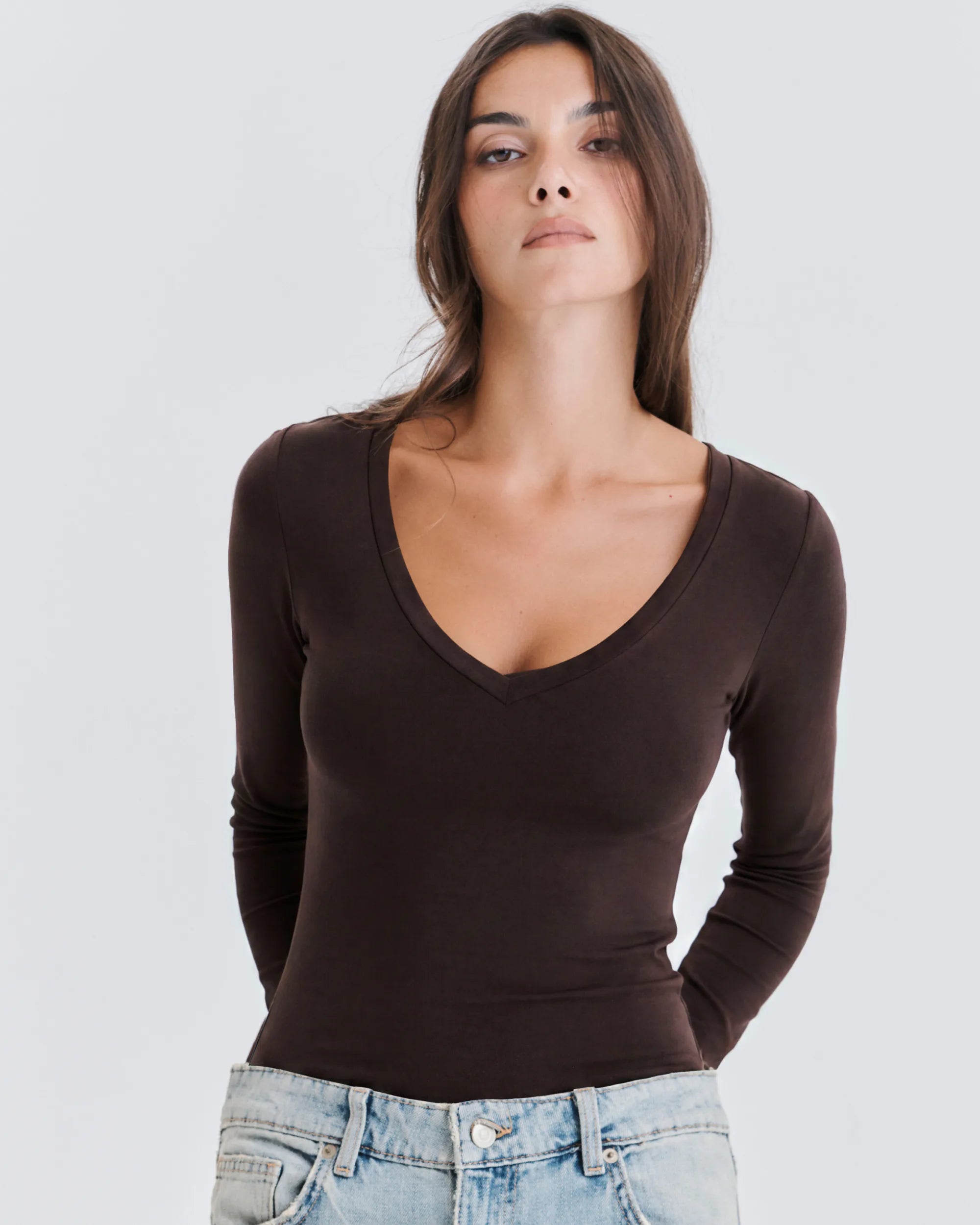 V-Neck Long Sleeve Cotton Top No Bra - Mocha