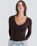 V-Neck Long Sleeve Cotton Top No Bra - Mocha