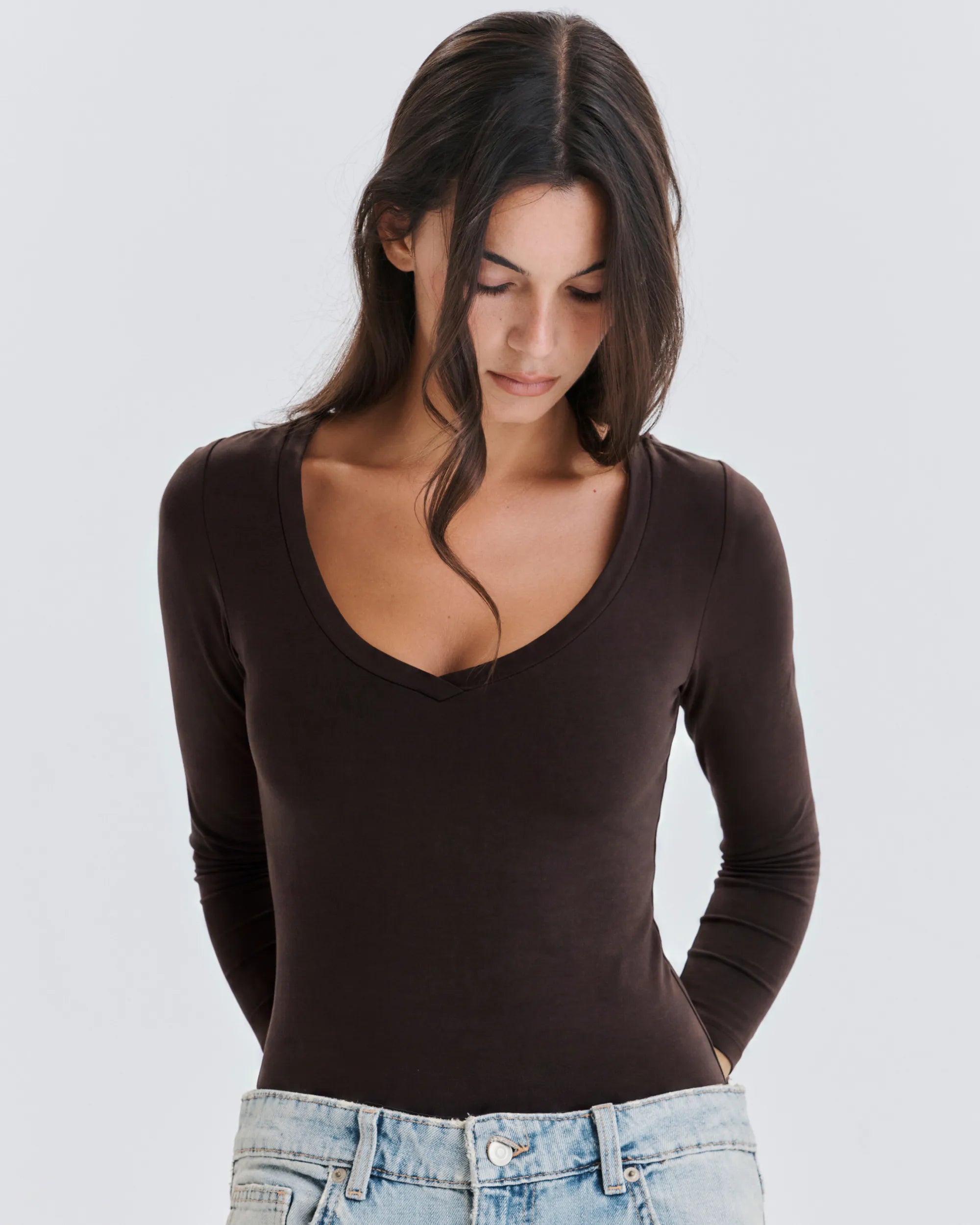 V-Neck Long Sleeve Cotton Top No Bra - Mocha