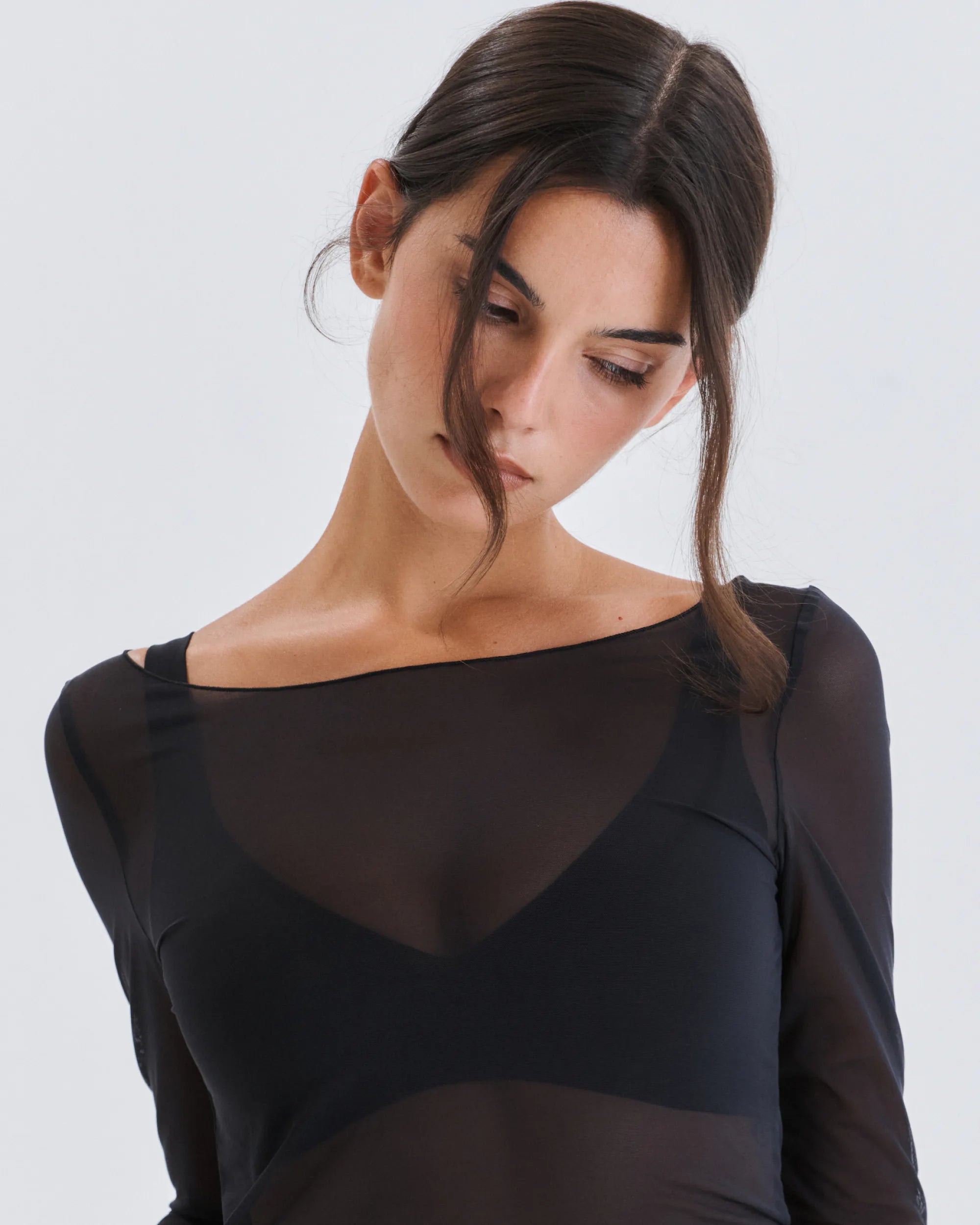 Soft Mesh Boat-Neck Top - Dark